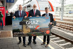 LH Mario Kunasek, ÖBB-CEO Andreas Matthä und NAbg. Wolfgang Moitzi präsentierten heute Vormittag den neuen Fahrplan. (v.l.) © Foto: Land Steiermark/Streibl; bei Quellenangabe honorarfrei