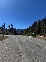 Landstraße durch bewaldetes Gebiet an einem sonnigen Tag.