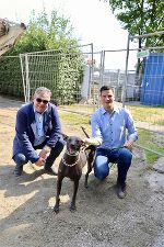 Bildbeschreibung: Zwei Männer und ein Hund vor einem Gitterzaun.