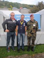 Steirische Beteiligung an der internationalen Großübung „Peregrine Sword": Kreuzwirth, Hohenberger und Generalmajor Jörg Vollmer (v. l.), Kommandeur der Division Spezielle Operationen im krisengebeutelten fiktiven Land „Tytan“ 