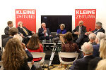 Am Podium diskutierten Landeshauptmann Hermann Schützenhöfer, Rektorin Elisabeth Freismuth, der Universitätsprofessor Gottfried Haber, Nationalbank-Präsident Claus Raidl und der Vorsitzende des Zukunftsfonds Österreich Kurt Scholz im Rahmen der Buchpräsentation