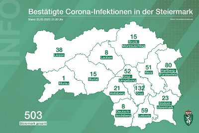 Bestätigte Corona-Infizierte in den steirischen Bezirken; Stand: 23. März 2020, 21:00 Uhr