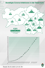 Bestätigte Corona-Infizierte in den steirischen Bezirken; Stand: 30. März 2020, 21 Uhr