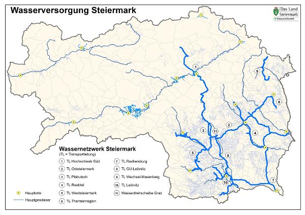 Überblick über die wichtigsten steirischen Trinkwasserversorgungsleitungen  © Land Steiermark/Leiß; Nutzung bei Quellenangabe honorarfrei
