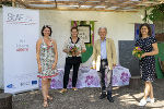 Besuch im Natur.Werk.Stadt – ein Naturschutzprojekt, das Arbeit schafft: Daniela Zeschko (Leiterin), Umweltlandesrätin Ursula Lackner, Johannes Gepp (Naturschutzbund) und Soziallandesrätin Doris Kampus.