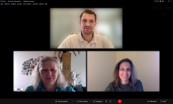 Ehrenamtliche beim Pressegespräch zur Ukrainehilfe: Andreas Krenn (Rotes Kreuz), Konstanze Walter ("Steiermark hilft") und Barbara Renger (Caritas) (im Uhrzeigersinn). © Screenshot: Land Steiermark; Verwendung bei Quellenangabe honorarfrei