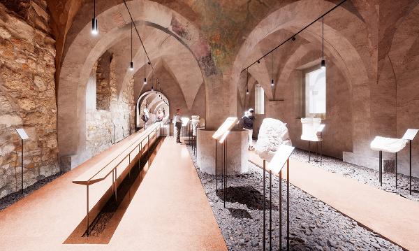 Siegerprojekt im Architekturwettbewerb: Visualisierung der revitalisierten gotischen Einsäulenhalle als Ausstellungsraum. © Expedit - Studio für Architektur; Verwendung bei Quellenangabe honorarfrei