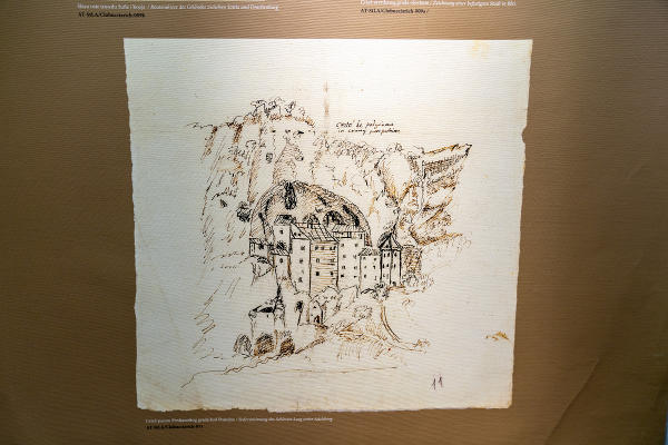 Die Höhlenburg Predjama in der Nähe von  Postojna in Slowenien, gezeichnet von Johannes Clobucciarich um 1600. © Land Steiermark/Robert Binder; Verwendung bei Quellenangabe honorarfrei