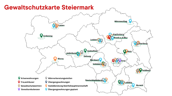 Überblick über Gewaltschutzangebote in der Steiermark © Land Steiermark; Verwendung bei Quellenangabe honorarfrei